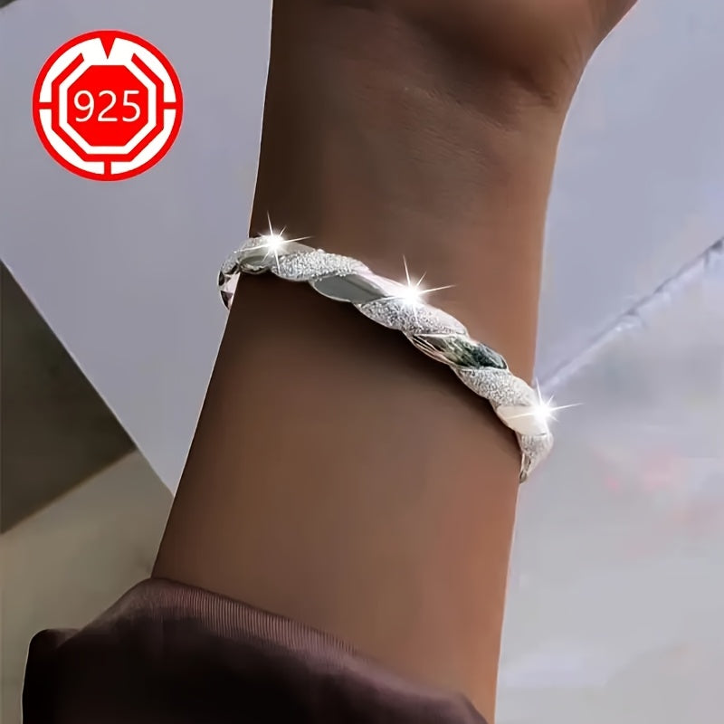 925 Sterling Silvery Elegant Twisted Cuff Bracelet for Women, Hypoallergenic Open Bangle with Textured Matte Finish, Versatile Chic Jewelry for Daily Wear, Festivals, Christmas