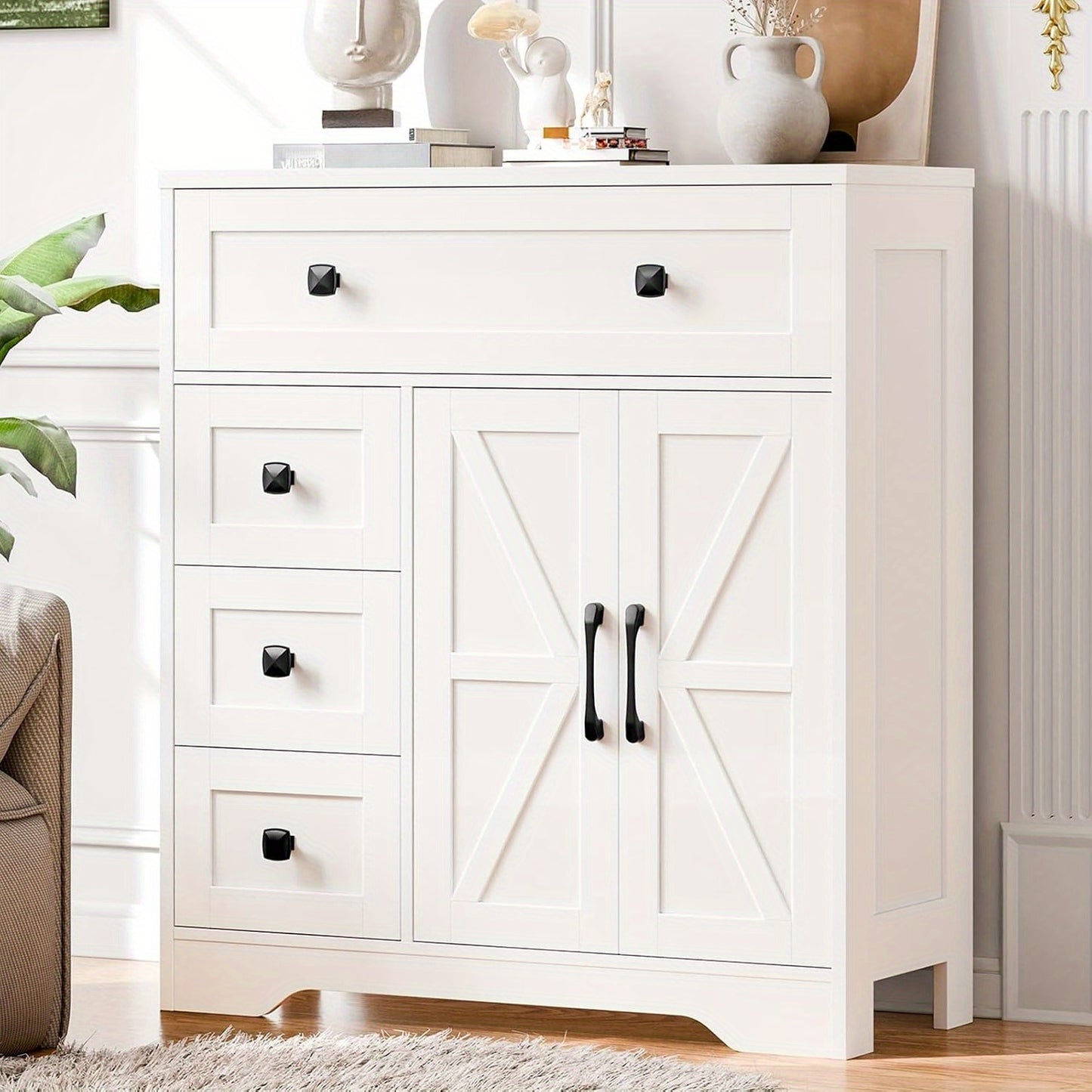 2 Door 4 Drawer Storage Cabinet Freestanding Bathroom Kitchen Organizer with Adjustable Shelves, Multi-Purpose Floor Cupboard for Living Room, Bedroom, Bathroom, Kitchen Pantry - Modern Home Storage Hutch
