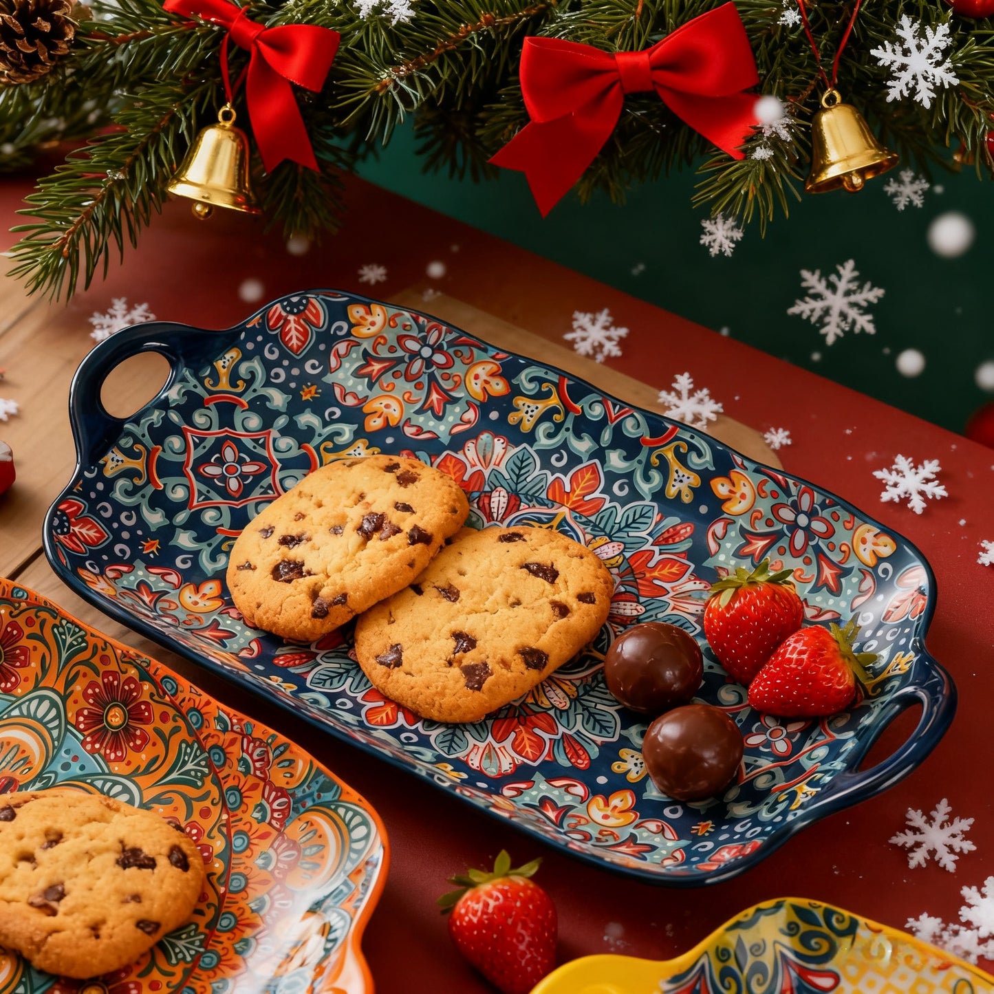 TAUFIKT Set Of 4 Large Rectangular Bohemian Ceramic Fish Plates - Elegant Steamed Fish Plates for Home, Kitchen And Restaurant - Durable, Easy-to-clean, Space-saving Design Can Be Used for Christmas, Valentine's Day, Thanksgi