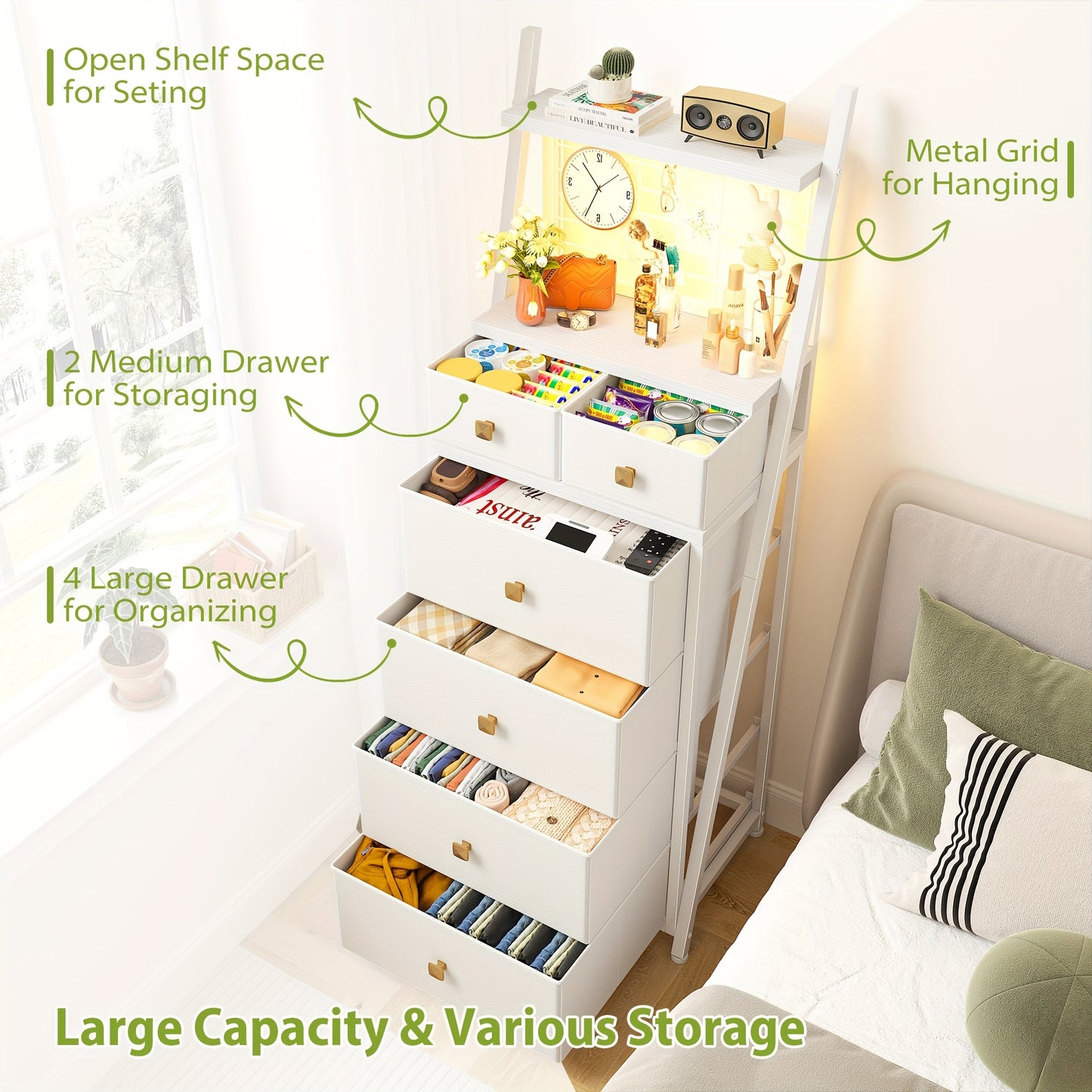 Modern White Vertical Dresser with LED Lighting - 6-Drawer Storage Cabinet with Open Shelf, Sturdy Softwood Construction, 27"+ Height, 3.2+ Cu Ft Capacity, Plug-in Power & Easy Assembly for Bedroom, Living Room, Dorm - Space-