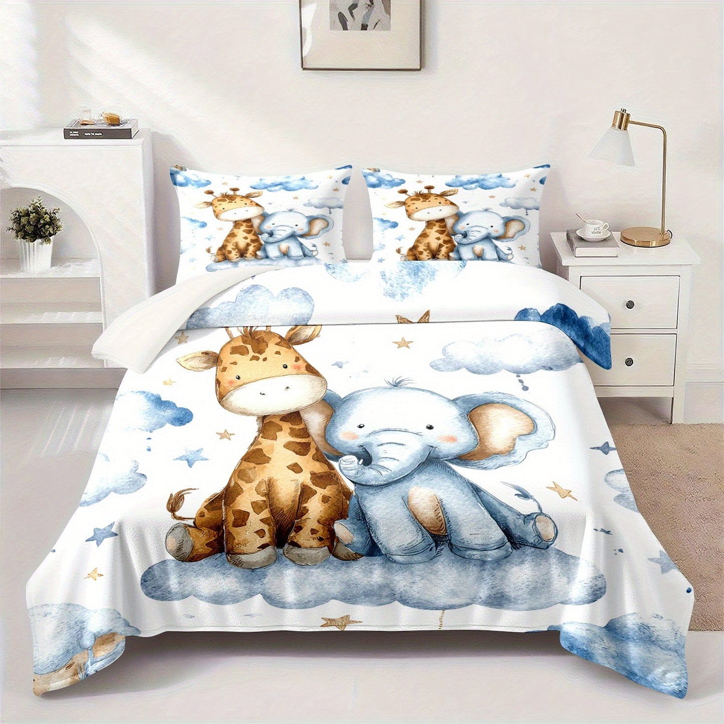 280gsm Jungle Bedspread - Giraffe & Elephant Plush Flannel Quilt Set with Clouds & Stars, Soft All-Season Bedding for, Bed, Sofa, Car, Camping - Cute Baby Animal Blanket Gift, Leopard Throw Blanket, Animal Hooded Blanket, Blu