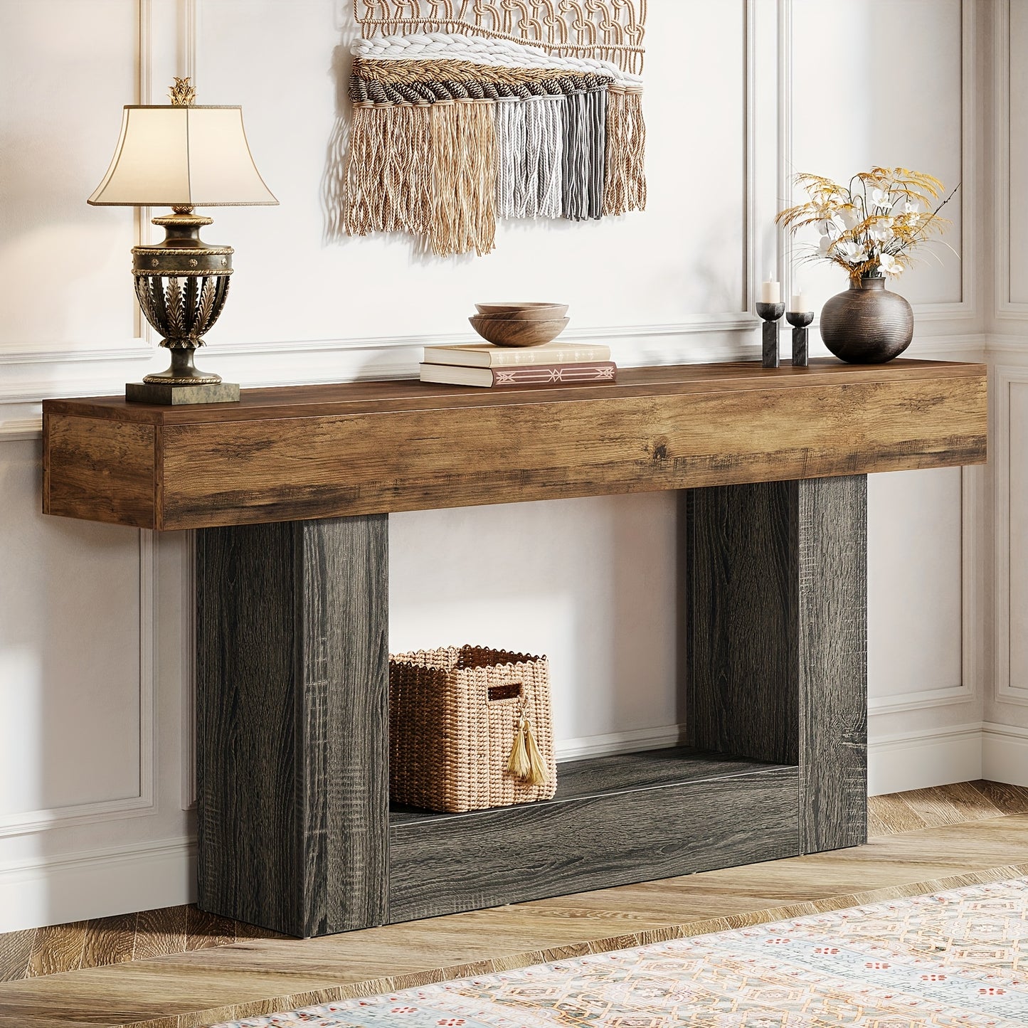 63" Modern Farmhouse Console Table with U-Shaped Base & 2-Tier Shelves - Rustic Brown & Grey Entryway Sofa Table, Engineered Wood/Particle Board, Easy Assembly, Behind Couch Table for Living Room, Hallway, Foyer