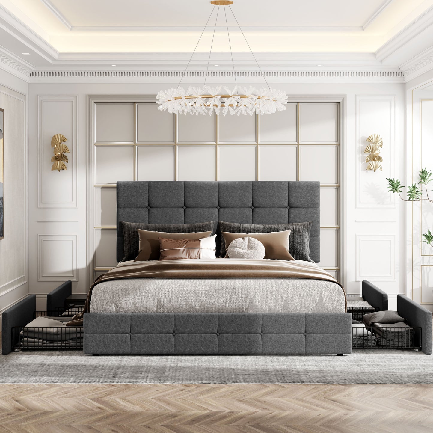 HOOMIC Full/Queen/King Size Platform Bed Frame with 4 Storage Drawers & Adjustable Headboard - Contemporary Square Stitched Button Tufted Design, Noise-Free Wooden Slats, No Box Spring Needed, Easy Assembly, Recycled Wood & M