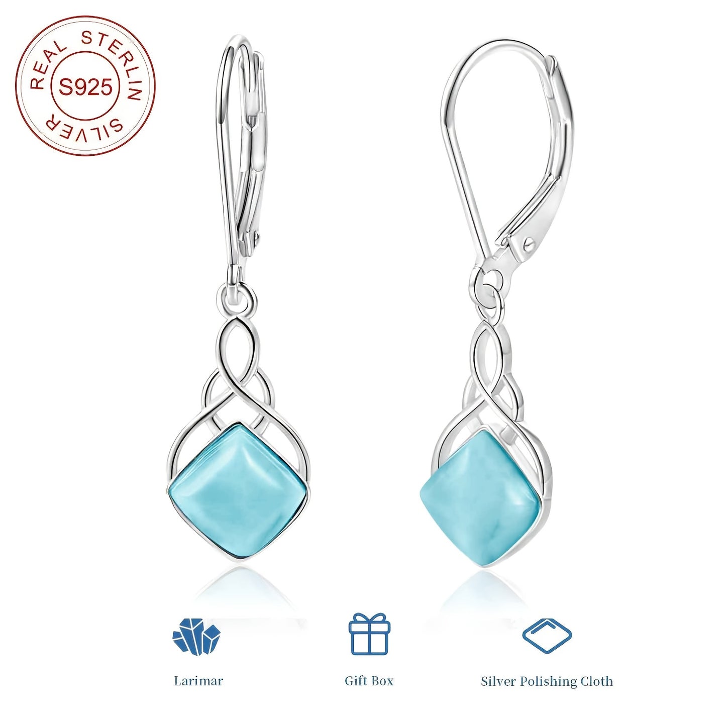 1pc Elegant S925 Sterling Silver Larimar Stone Earrings, Perfect Jewelry Gift for Men And Women, Suitable for Daily Wear Party Vacation Wedding Anniversary, Ideal Christmas Birthday Anniversary Gift