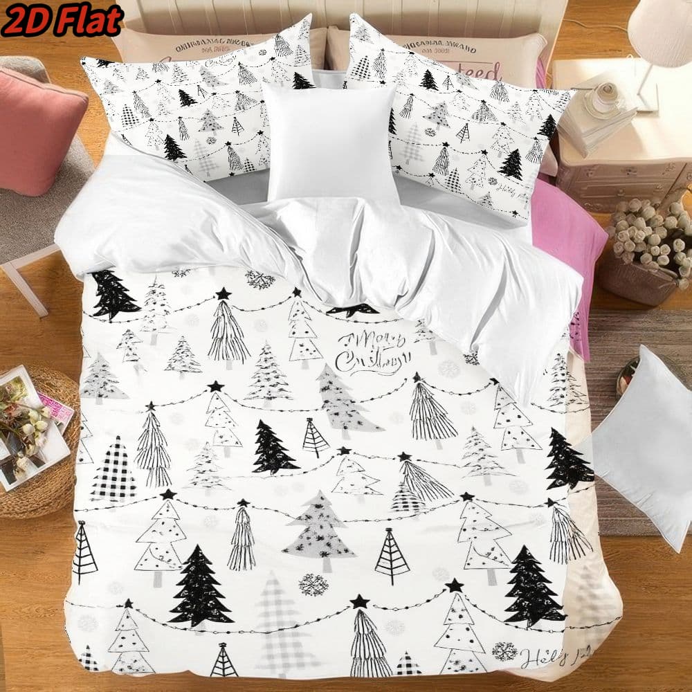 3pcs 2D Flat Christmas Tree Pattern Duvet Cover - Winter Holiday Themed Bedding, Black White Sketch Design, Soft Microfiber Fabric, Zippered Closure, Easy Care Washable Comforter for Bedroom Decor, All-Season 1100% polyester