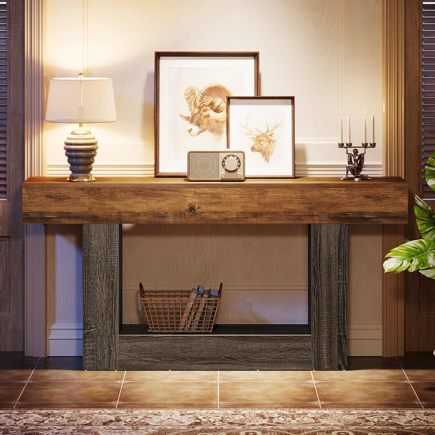 63" Modern Farmhouse Console Table with U-Shaped Base & 2-Tier Shelves - Rustic Brown & Grey Entryway Sofa Table, Engineered Wood/Particle Board, Easy Assembly, Behind Couch Table for Living Room, Hallway, Foyer