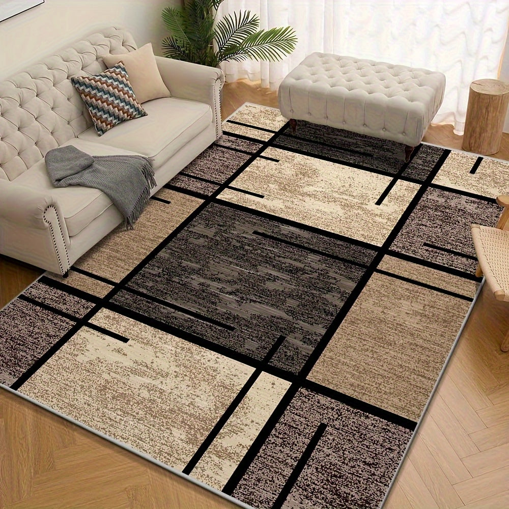 Luxury Velvet Area Mat - Premium Machine Washable, Fade-Resistant Polyester Mat for Living Room, Bedroom, Office, And Outdoor Decor - Rectangle, Lightweight, And Easy to Clean - 850 GSM, Beige And Brown Geometric Pattern, Com