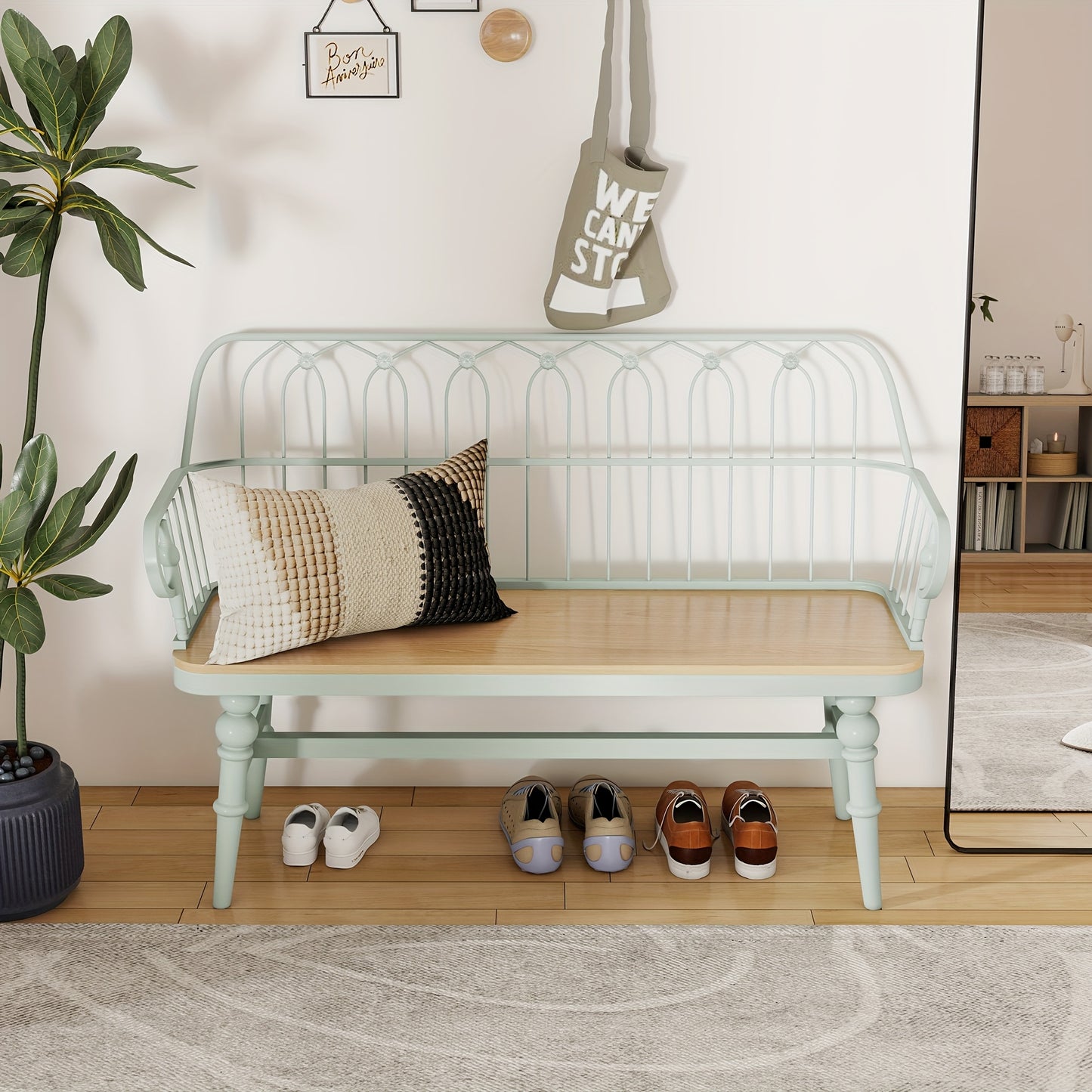 Rustic Farmhouse Entryway Bench with Backrest - Solid Hardwood & MDF Construction, 27" Tall Freestanding Bench with Armrests, Mixed Color Finish for Living Room, Mudroom, Entryway Storage, Entryway Bench, Mudroom Furniture, C