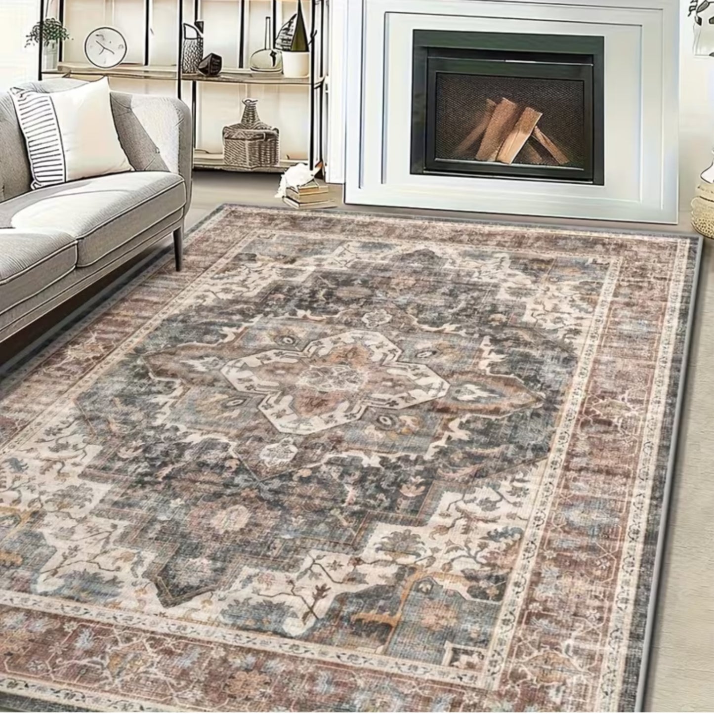 Vintage Floral Pattern Large Carpet | Non-Slip, Machine Washable Polyester Carpet for Living Room, Bedroom, Dining Room, Home Office, Entrance, Bathroom, Kitchen - Rectangle Shape, Bonded Pile