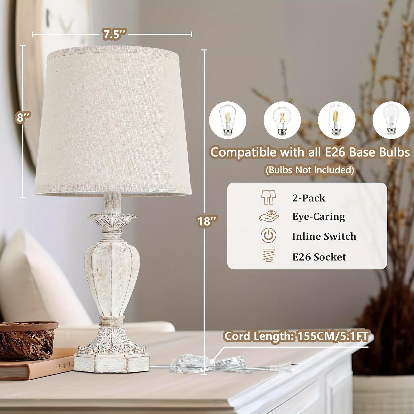 Pair of 19-Inch Farmhouse Table Lamps, Rustic Nightstand Lamps for The Bedroom, White Traditional Bedside Desk Lamps Featuring Vintage Beige Fabric Shades Suitable for The Living Room