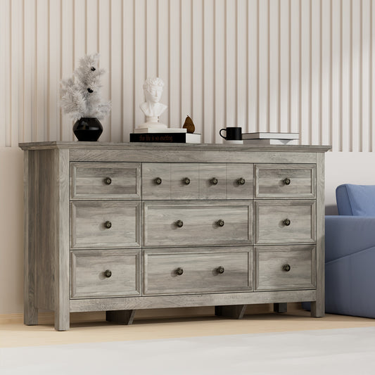 9 Drawers Dresser For Bedroom, 58.3" Wide Wood Farmhouse Rustic Chest Of Drawers With Natural Texture, Smooth Metal Rail, Strong Drawer Bottom Support, Storage Dressers Organizer For Closets, Living Room, Hallway