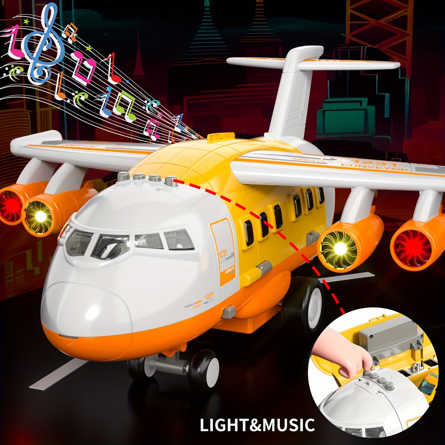 Educational Airplane with Steam Lights and 4 Cars in Yellow - Colorful Box Set