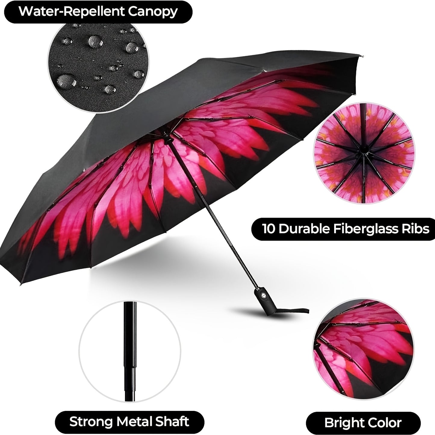 Automatic Open/Close Windproof Compact Travel Umbrella with UPF 50+ Sun/, Lightweight Portable Automatic Umbrella Suitable for All-Season, Shield &, Carry Sleeve, 10 Fiberglass Ribs & 210T Pongee Canopy