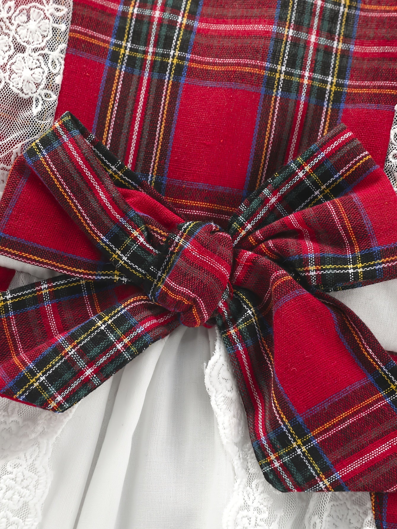 Red White Plaid Christmas Halloween Girls Dress with Full Lace Trim and Oversized Bow, Holiday Party Outfit