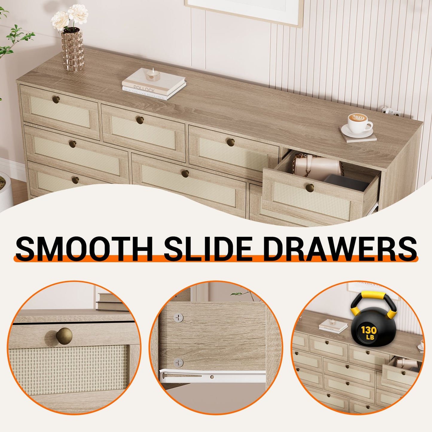 12-Drawer Chest of Drawers with Woven Rattan Design | 61.02x15.75x31.5 inch, Stylish and Spacious Hardwood Storage Cabinet for Home Room Decor, Christmas Decorations, Birthday Gifts for Women Men Friends, Contemporary Style b