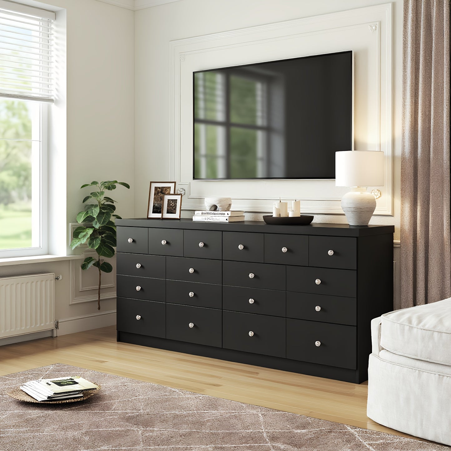 6-Drawer Wide Dresser with Extra Deep Drawers - Wide Cabinet Suitable for, Hallway, TV Stand | Modern 6-Drawer Storage Unit with Deep Drawers | Black/White | MDF & (Assembly Required)