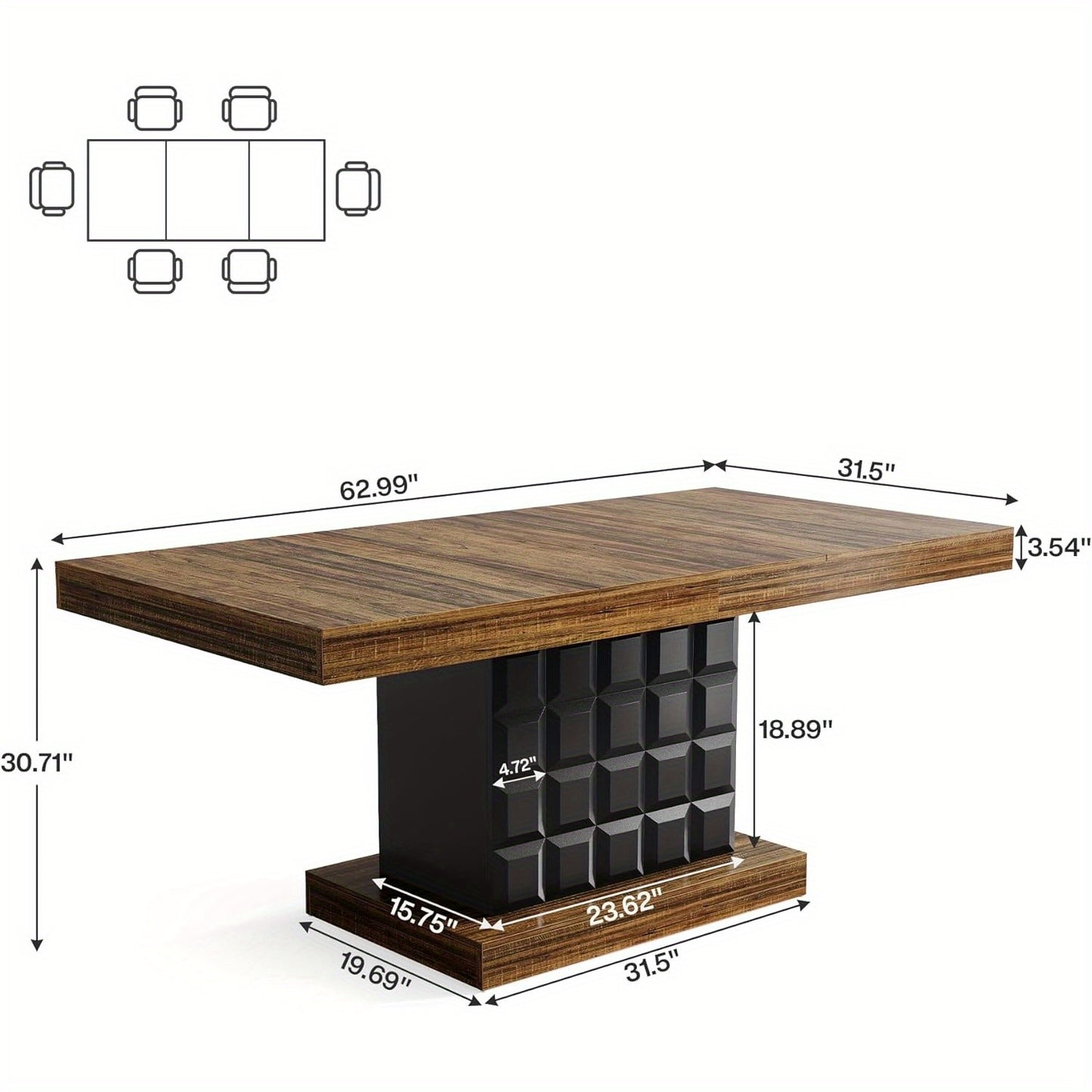 63" Farmhouse Dining Table Extension - Modern Rectangular Kitchen Table for 4-6 people with Brown Wood-like top & Sturdy Pedestal Base, Heavy-Duty MDF Construction, Easy Assembly - Perfect for Dining Room, Kitchen, or Enterta