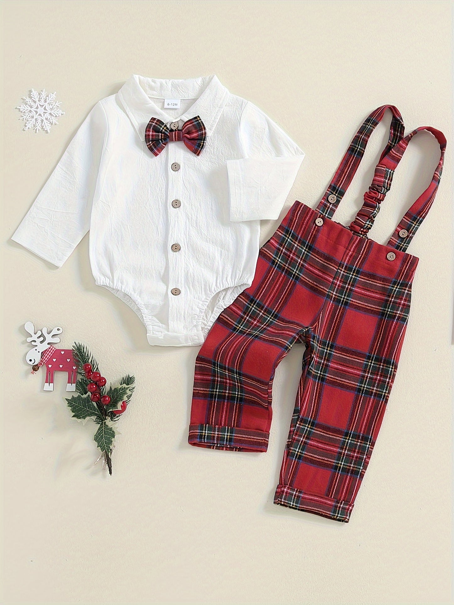 Baby Boy Gentleman Outfit Solid Long Sleeve Lapel Neck Romper with Plaid Suspender Pants and Bow Tie 3pcs Set, for Outdoor
