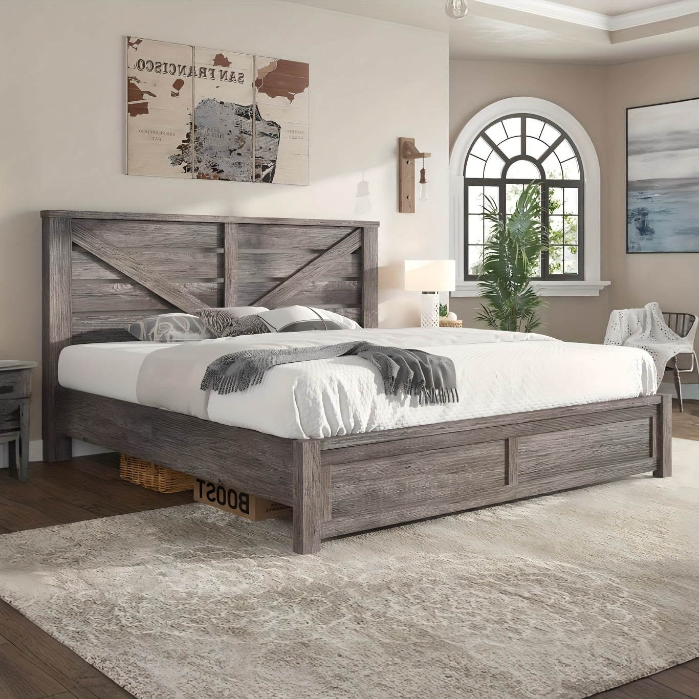 LUXOAK Farmhouse Wooden Platform Bed Frame with 49.2" Headboard - No Box Spring Needed, Noise-Free, Easy Assembly