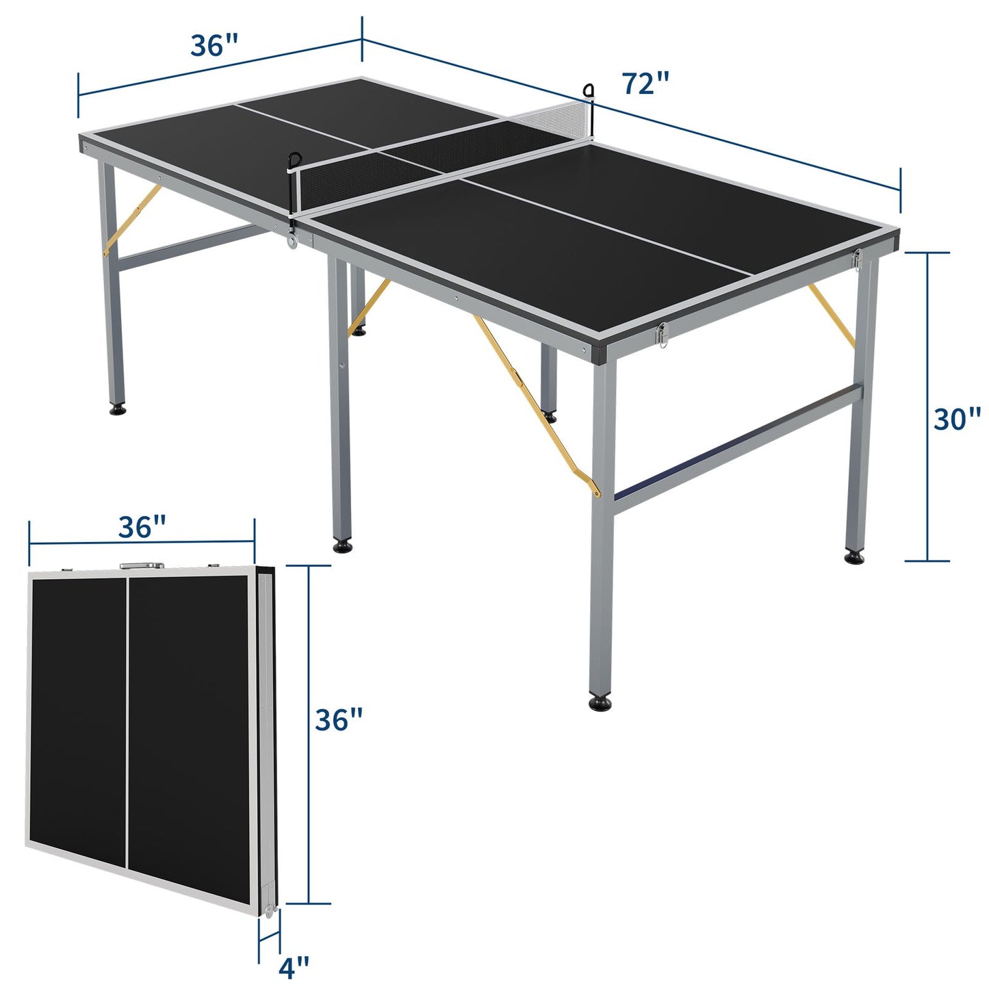 Portable 6x3ft Ping Pong Table Set in Black - All-Weather Design for Indoor and Outdoor Use, Includes Net, 2 Paddles, 3 Balls, Easy Storage