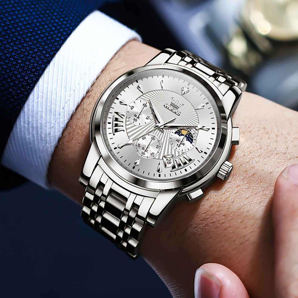 OLEVS Watch for Men Chronograph Stainless Steel Case Analog Quartz Fashion Business Dress Large Face Men Watch Day Date Luminous Casual Male Wrist Watch, Office Accessory, Casual Attire, Classic Design, Elegant Timepiece, Hig