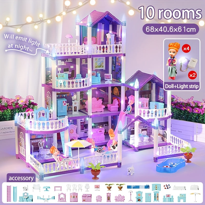 Doll House For Girls, 11 Rooms Dollhouse With Dolls Figure, Puppies, Furnitures, Accessories, LED Light, Playhouse Gift For For 3 4 5 6 7 8 9 10 Year Old Girls Toys