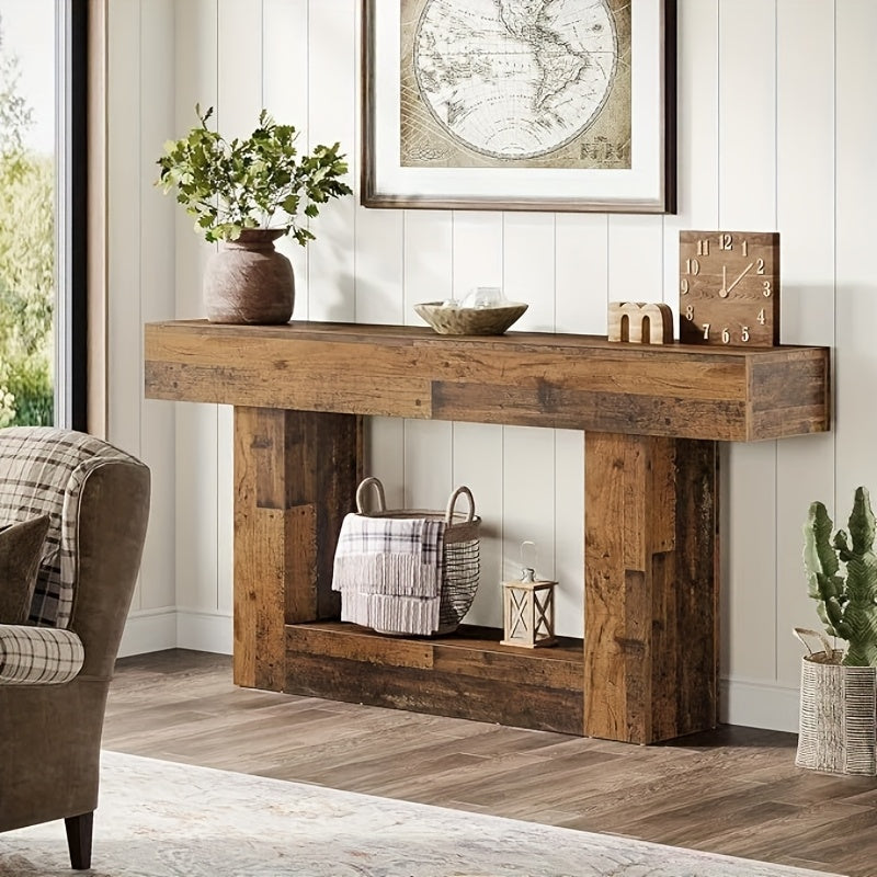 63" Modern Farmhouse Console Table with U-Shaped Base & 2-Tier Shelves - Rustic Brown & Grey Entryway Sofa Table, Engineered Wood/Particle Board, Easy Assembly, Behind Couch Table for Living Room, Hallway, Foyer