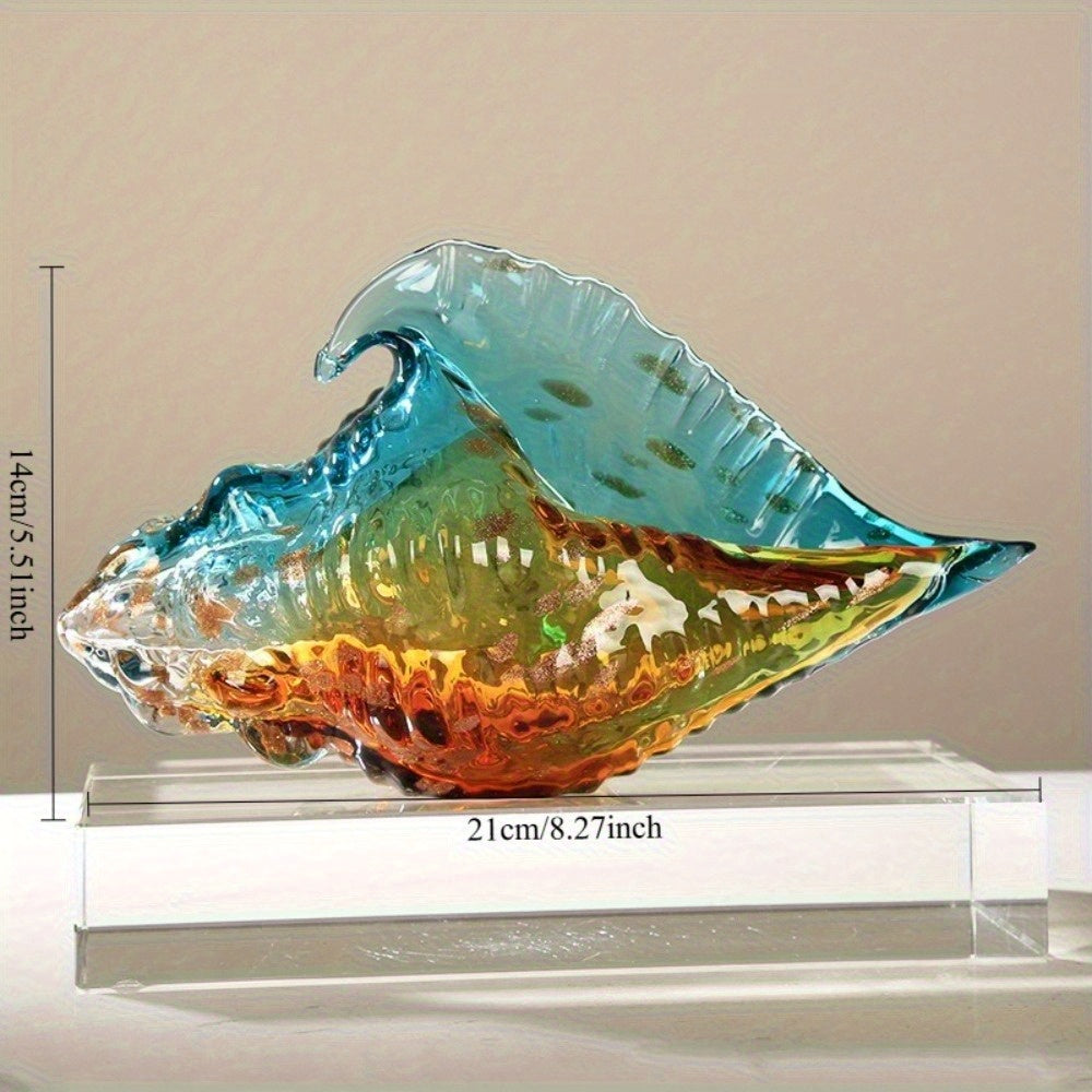 Handmade Glass Seashell Sculpture - Bohemian Coastal Home Decor, Modern Nautical Wall Art for Living Room & Bedroom, Vibrant Blue to Orange Gradient, Indoor/Outdoor Use, No Electricity Needed, Beach House Accent, Shelf Decor,