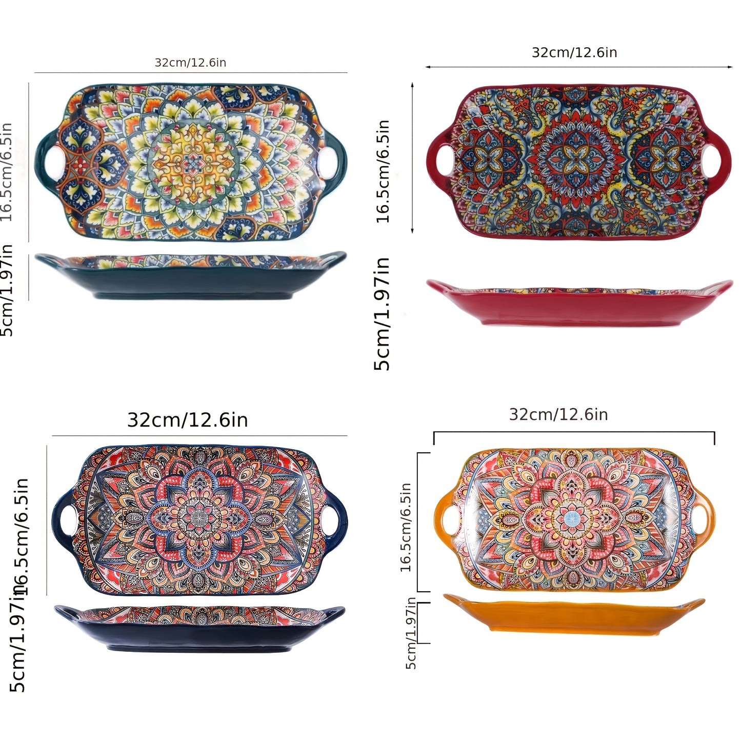 TAUFIKT Set Of 4 Large Rectangular Bohemian Ceramic Fish Plates - Elegant Steamed Fish Plates for Home, Kitchen And Restaurant - Durable, Easy-to-clean, Space-saving Design Can Be Used for Christmas, Valentine's Day, Thanksgi