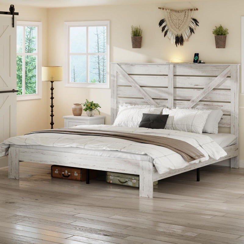 King Sized Bedroom Furniture With Imitation Wooden Headboard And Heavy Metal Bed Frame | Noise Free, No Box Spring Needed, Easy Assembly Tool, Large Under Bed Storage, White, Free Home Delivery Mattress Not Included