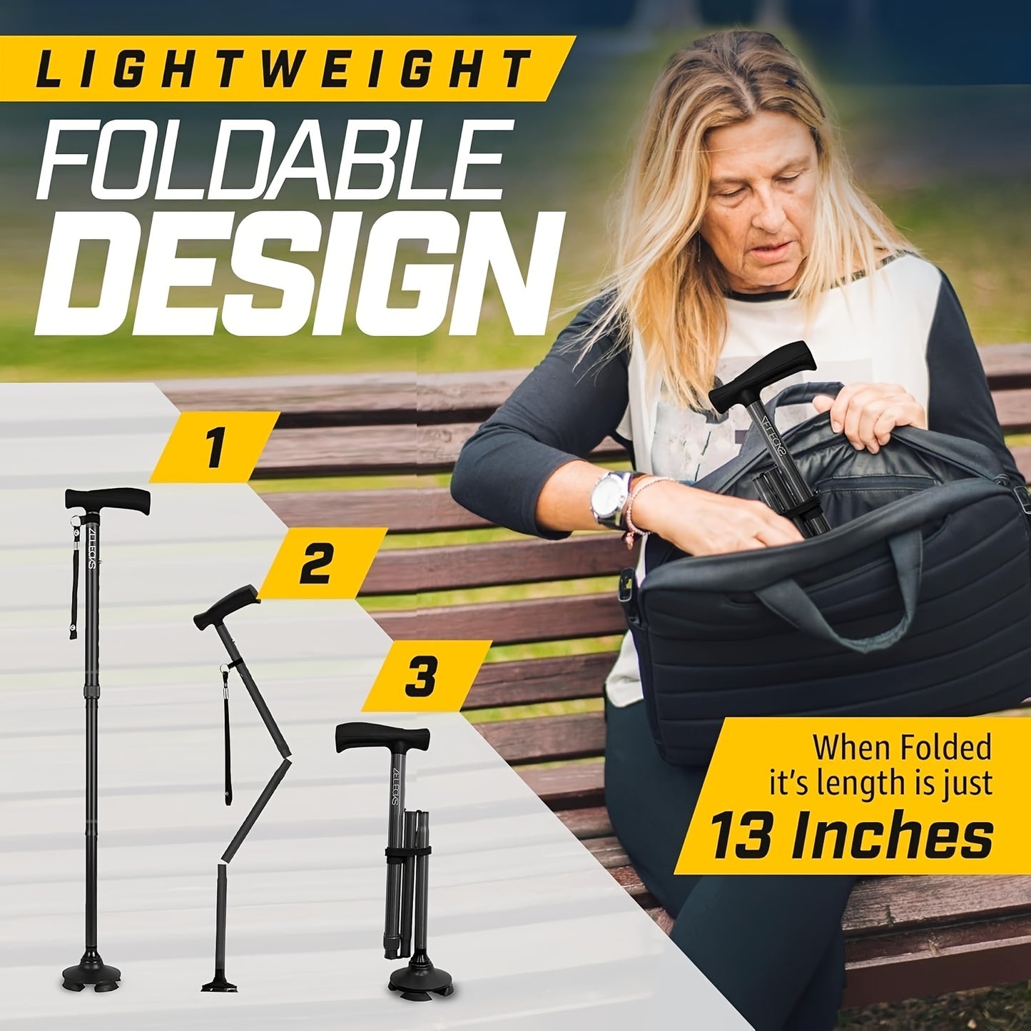 Adjustable Folding Walking Cane for Seniors - Lightweight Self-Standing Collapsible Design with T-Handle & 360° Pivot Base, 300lb Capacity, Ergonomic Grip, Compact Storage, Black, Elderly Mobility Aid, Secure Locking Mechani