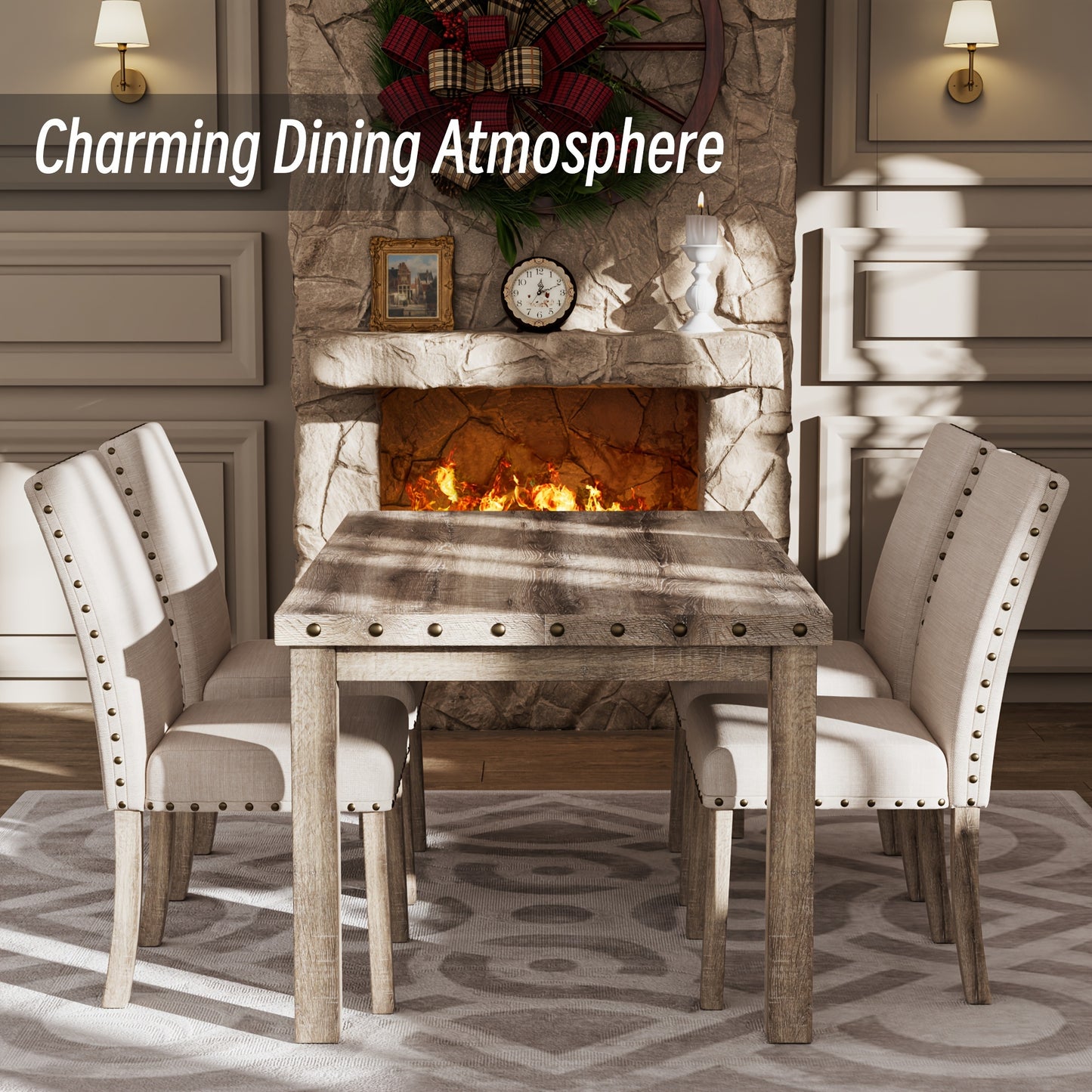 7/5pcs Rustic Modern Farmhouse Dining Table and Chair Set Suitable for Spacious Dining Rooms, Entertaining - Solid Wood & MDF Table with Sturdy Legs, Assembly, Wood Grain, Tableset for,, or Use