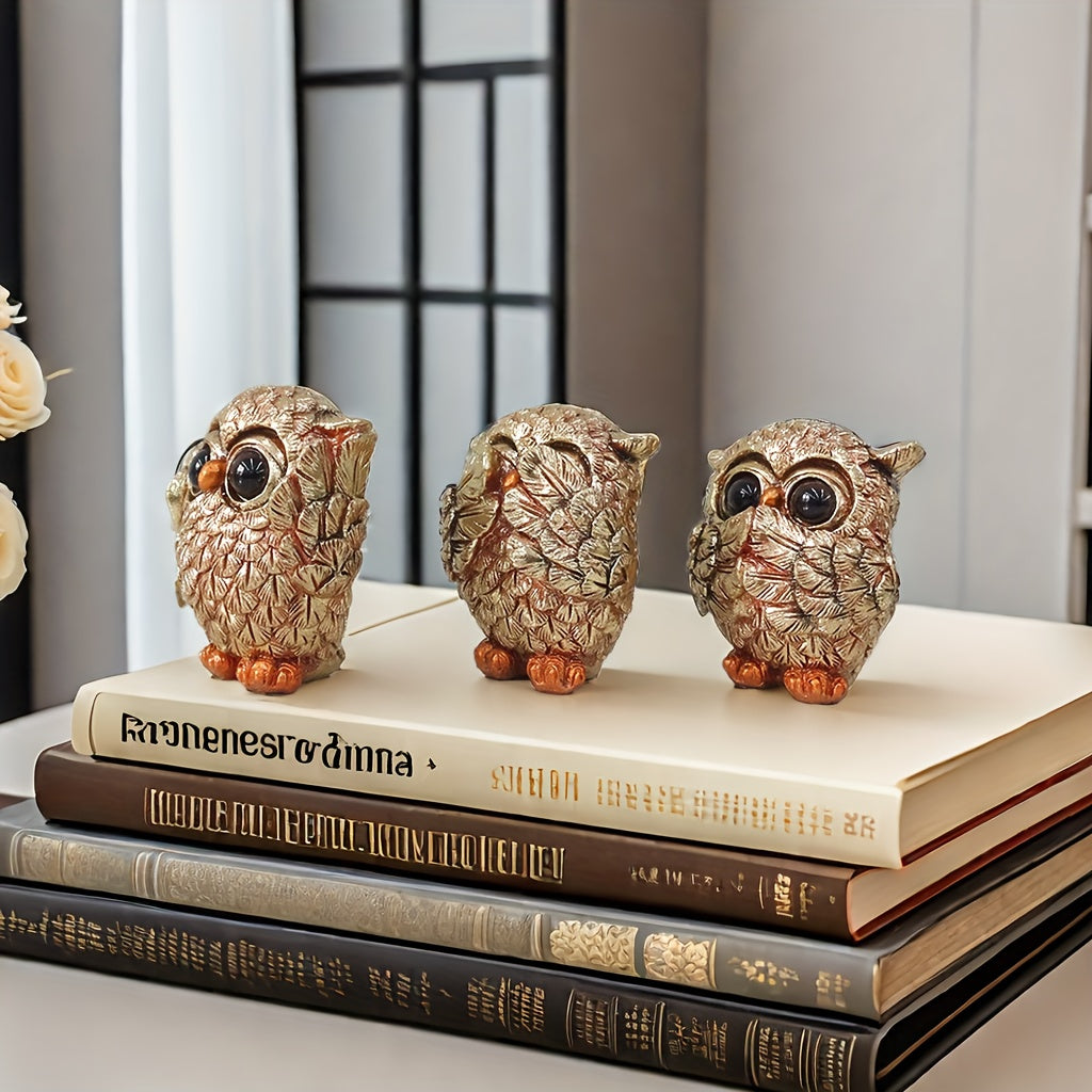 3pcs Set Whimsical Resin Wise Owls Figurines - See Hear Speak No Evil Statues with Quirky Big Eyes, Expressive Faces & Intricate Feather Patterns, Bookshelf & Desk Decor for Home, Home Decor And Accessorie, Odditie And Curios