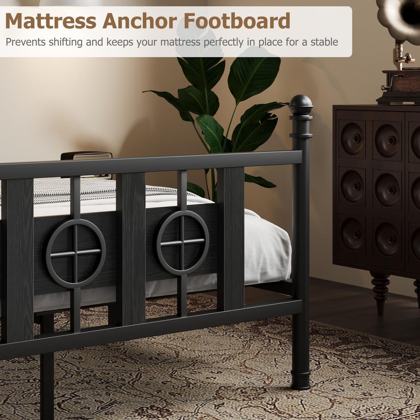 Bed Frame with Headboard and Footboard, Metal Twin Bed Frame with Vintage Circular Design & Storage Space Under Bed, No Box Spring Required, Easy Assembly, Noise-Free