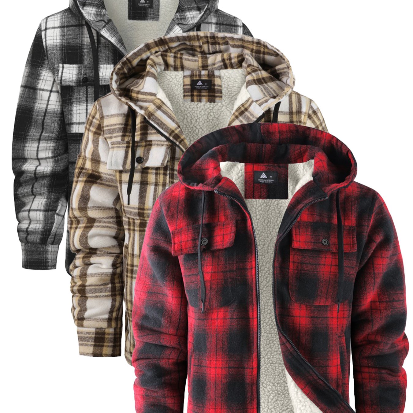 3pcs Sets Fashion Flannel Plaid Shirt Jacket for Men Sherpa Lined Zip Up Hoodies Shirts Jackets