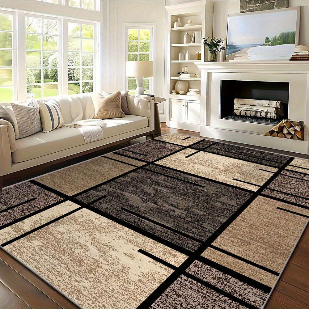 Luxury Velvet Area Mat - Premium Machine Washable, Fade-Resistant Polyester Mat for Living Room, Bedroom, Office, And Outdoor Decor - Rectangle, Lightweight, And Easy to Clean - 850 GSM, Beige And Brown Geometric Pattern, Com