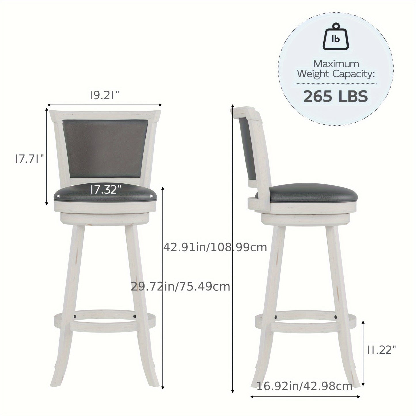 High Back Swivel Bar Stools, Bar Height Swivel Stools with Grey Faux Leather Upholstered Seat & Solid Wood Footrest, Counter Bar Chairs for Pub, Bar, Kitchen Island, Set Of 2