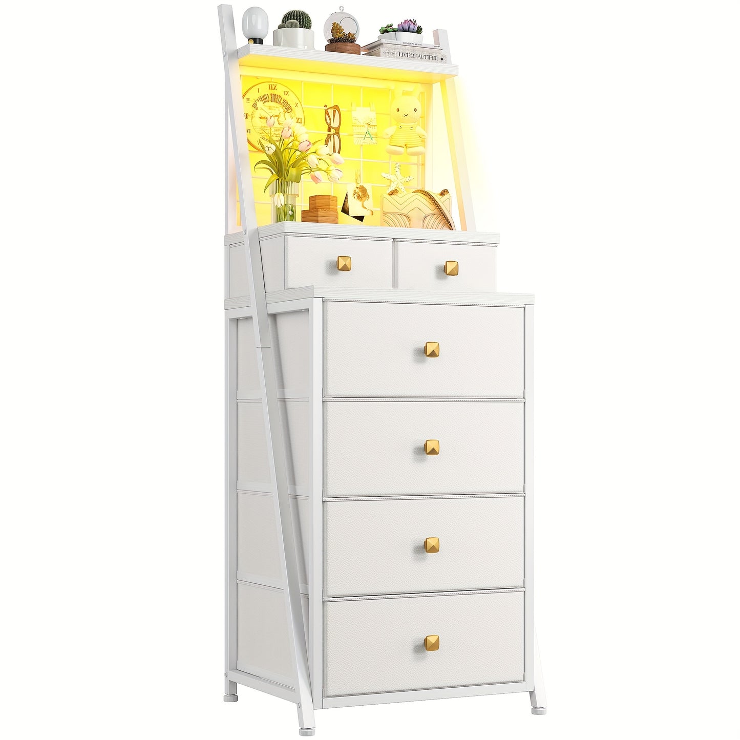 Modern White Vertical Dresser with LED Lighting - 6-Drawer Storage Cabinet with Open Shelf, Sturdy Softwood Construction, 27"+ Height, 3.2+ Cu Ft Capacity, Plug-in Power & Easy Assembly for Bedroom, Living Room, Dorm - Space-