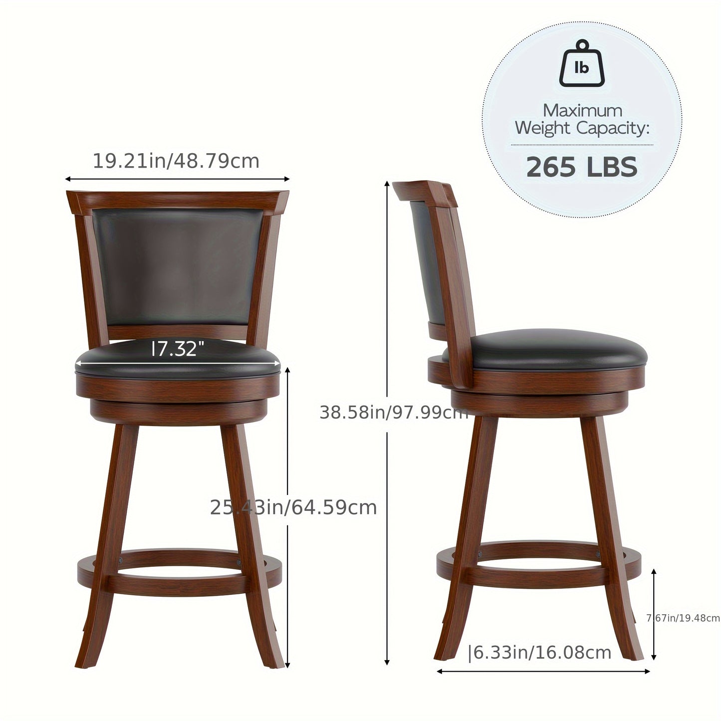High Back Swivel Bar Stools, Bar Height Swivel Stools with Grey Faux Leather Upholstered Seat & Solid Wood Footrest, Counter Bar Chairs for Pub, Bar, Kitchen Island, Set Of 2