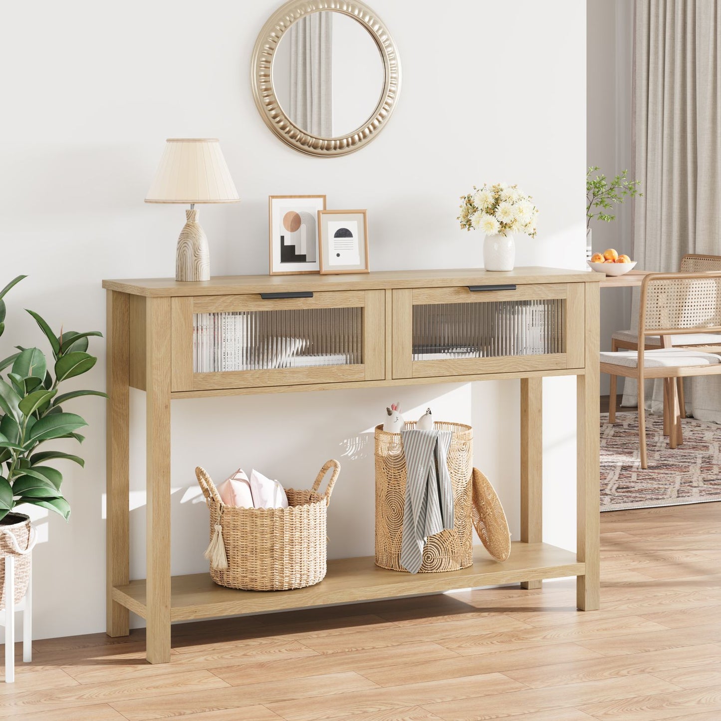 43-Inch Narrow Wood Console Table with Stylish Glass Drawers | 2-Tier Sofa and Entryway Table in Burlywood End, Perfect for Living Room, Bedroom, Hallway, Foyer Storage, Entryway Table | Classic Style, Hardwood Material, Asse