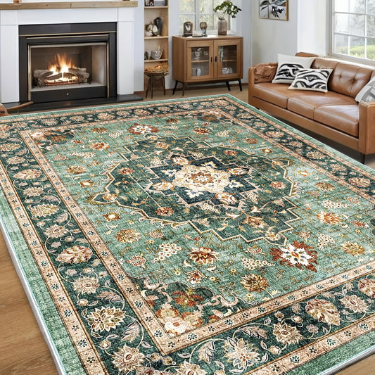 Floral Medallion Design Green Velvet Mat, Vintage Pattern Area Mat with Border, Soft and Durable Floor Covering for Home Decor, Classic Oriental Style Mat Velvet material Washable Rugs Area Rugs for Living Room, Rugs for Bedr