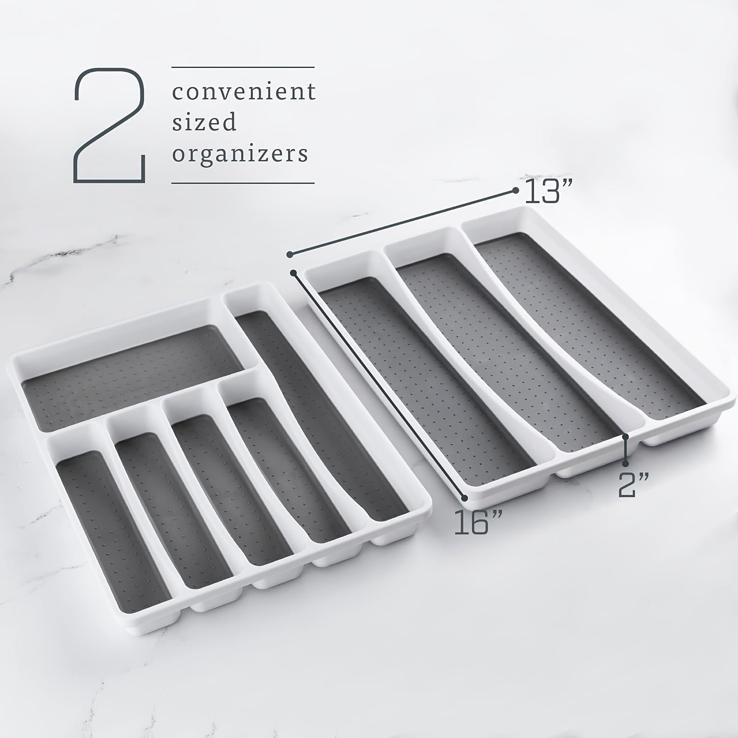 No-Slip Silverware Tray Organizer with 9-Section Deep Drawer Storage - Durable Plastic Kitchen Utensil & Cutlery Holder, Space-Saving Design for Entire Drawer, Easy Insert Installation, White & Gray, Kitchen Drawer Organizer,