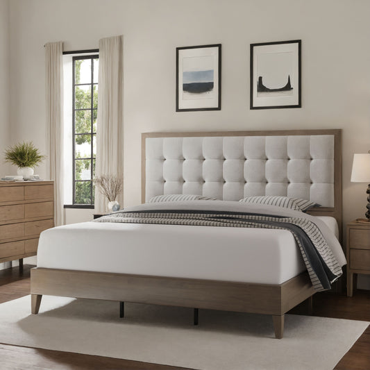 LUXOAK Wood Platform Bed with Upholstered Tufted Headboard, Box Spring-Free, Sturdy Solid Wood Frame