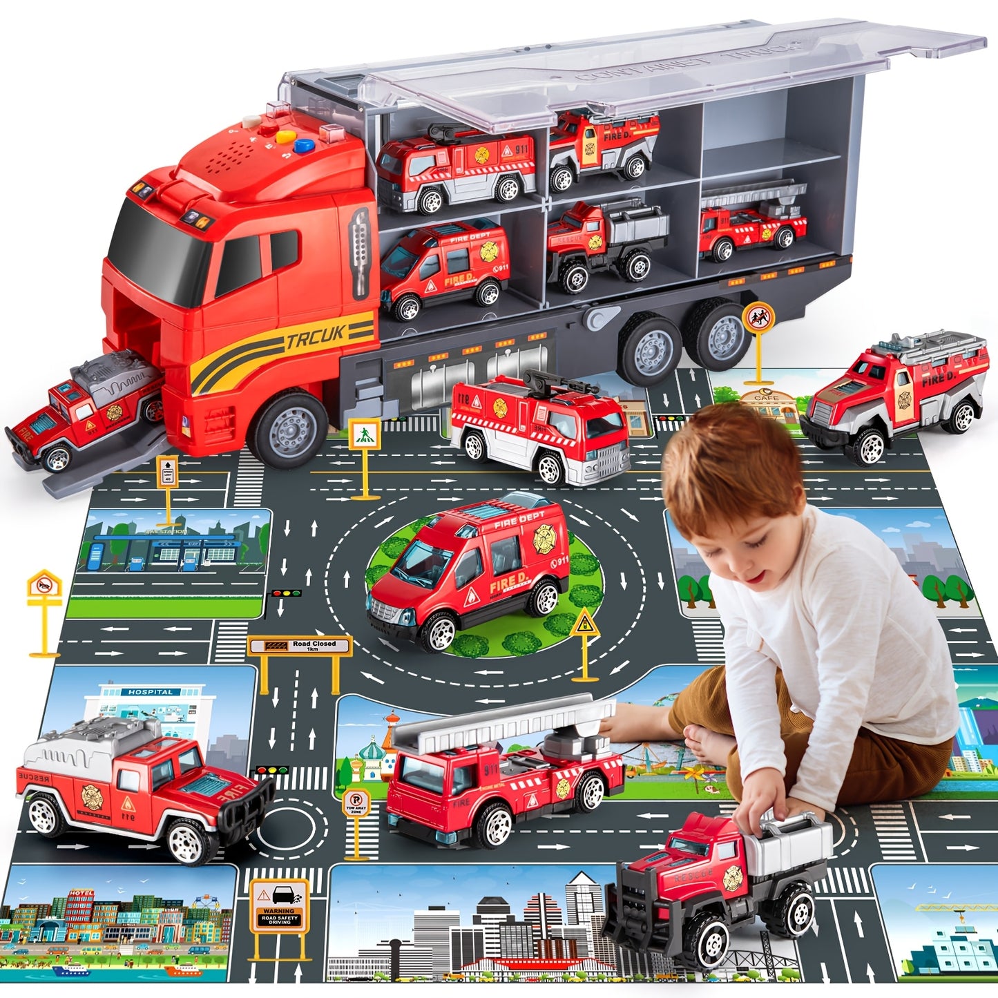 Die-Cast Metal Fire Truck Toy Set with Play Mat - Red & Black Carrier Truck, 4 Fire Engines, 2 Ladder Trucks, and 2 Rescue Vehicles - Perfect Christmas or Birthday Gift for Boys & Girls Ages 3-6, Fire Truck Toy, Playful Desig