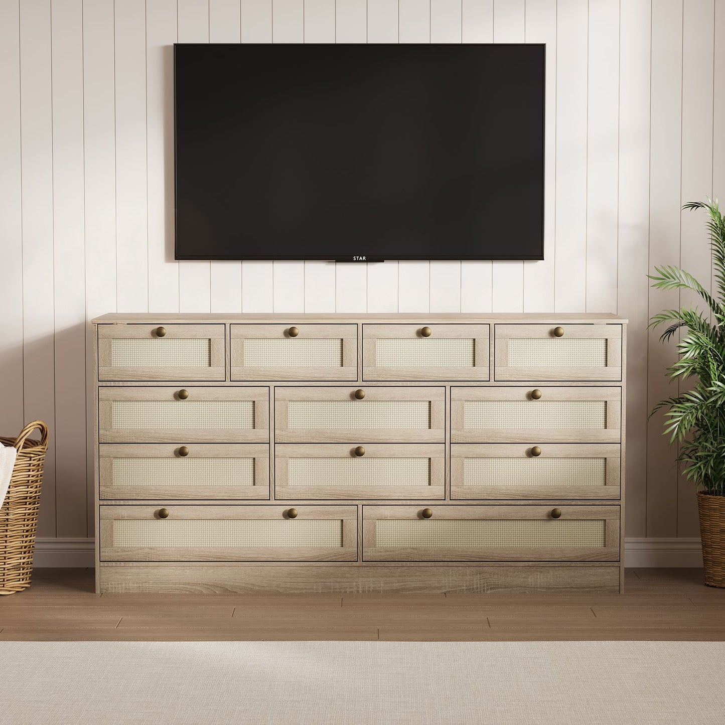 12-Drawer Chest of Drawers with Woven Rattan Design | 61.02x15.75x31.5 inch, Stylish and Spacious Hardwood Storage Cabinet for Home Room Decor, Christmas Decorations, Birthday Gifts for Women Men Friends, Contemporary Style b