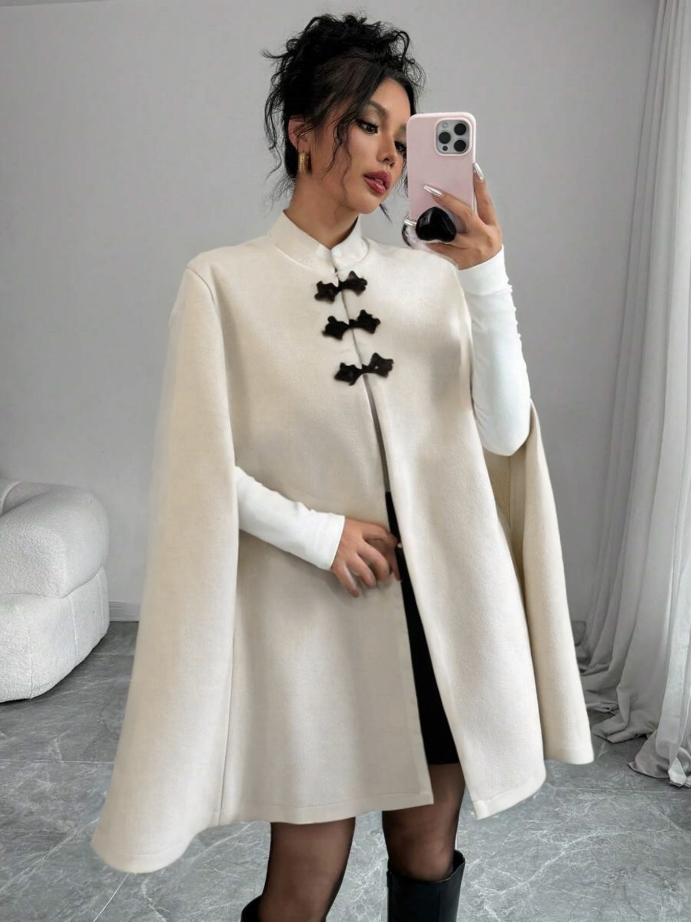 Plus Size, Plus Size Women's Elegant Chinese Cape Coat - Winter Thick Jacket with Stand Collar & Mandarin, Front Closure, Belted Waist, Machine Washable Outerwear for Weddings, Parties, Professional (Warm Coat)