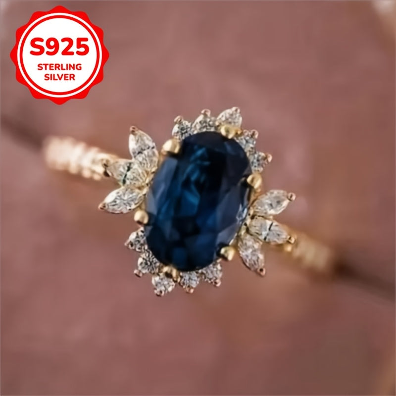 S925 Elegant Deep Blue Gem Egg-Shaped Ring, a Timeless Piece for Everyday Use And Special Occasions 3G