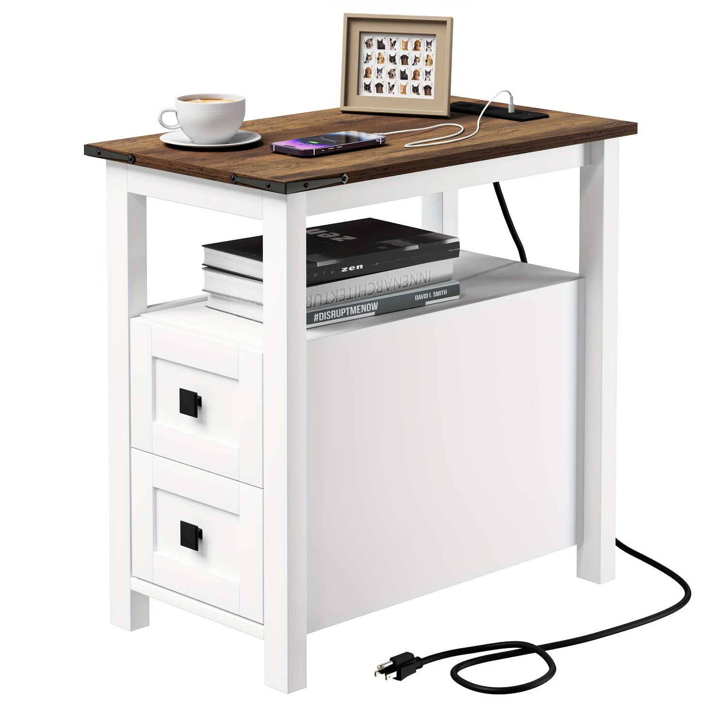 2-Drawer Slim Space-Saving Retro Coffee Table Suitable for Small Spaces - Narrow Sofa Side Table & Bedside Table with Drawers, Assembly, Modern Minimalist Design for Living Room, Bedroom or Office (Available in White/Blue/Che