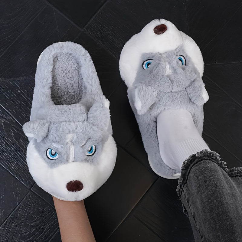 Unisex Husky Dog Slippers for Men & Women, Winter Warm Indoor/Outdoor Shoes, Slip-Resistant