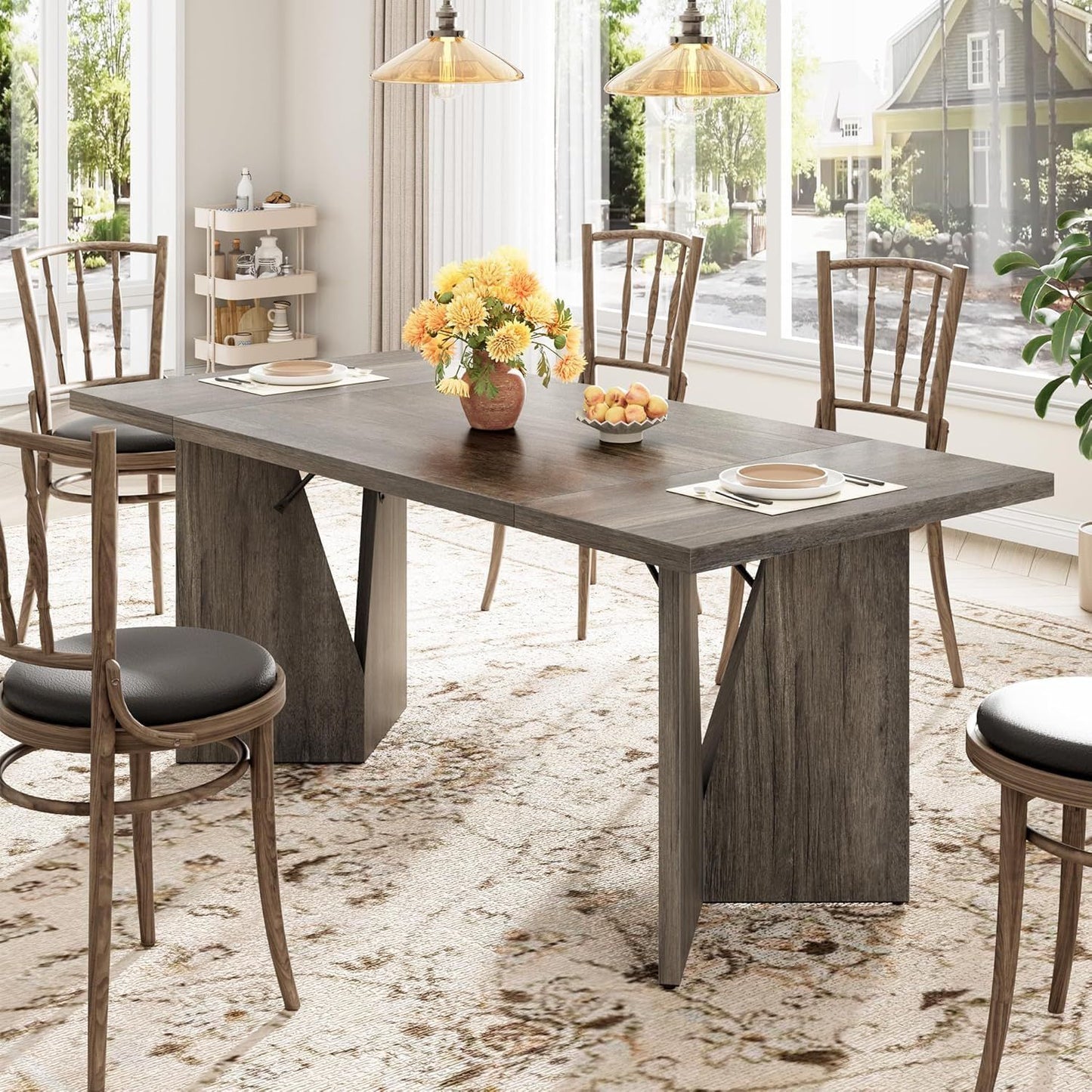 71 Inch Farmhouse Style Rectangular Dining Table for 6-8 People | Large Wooden Kitchen Table with Thickened Long Desk and Sturdy Flat Legs, Perfect for Big Families and Parties, Gray, Hardwood, Multifunctional, GAOMON